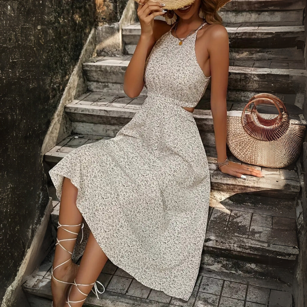 Woman wearing a printed boho summer midi dress