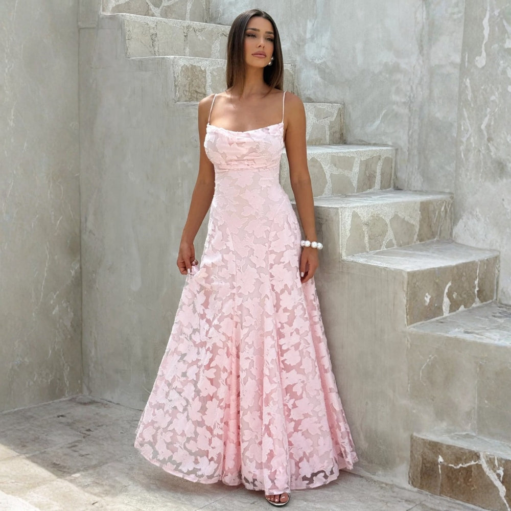 Floor length formal lace dress with fitted bodice