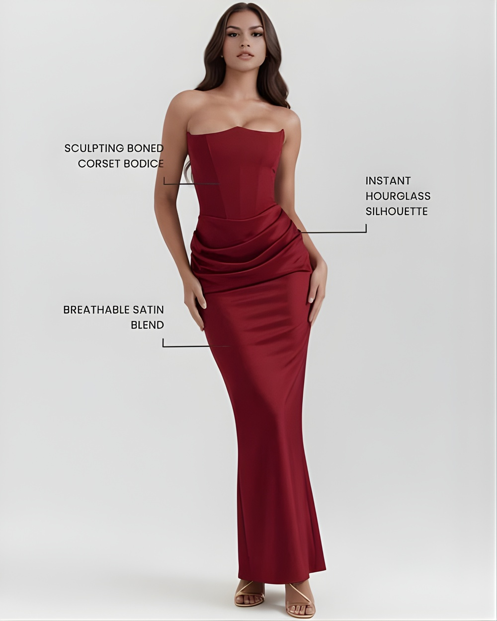 Red strapless gown with text highlighting features on a white background