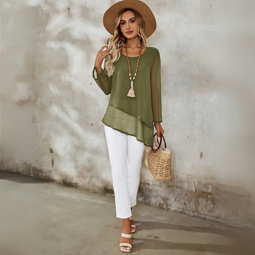 Detail view of layered hem blouse