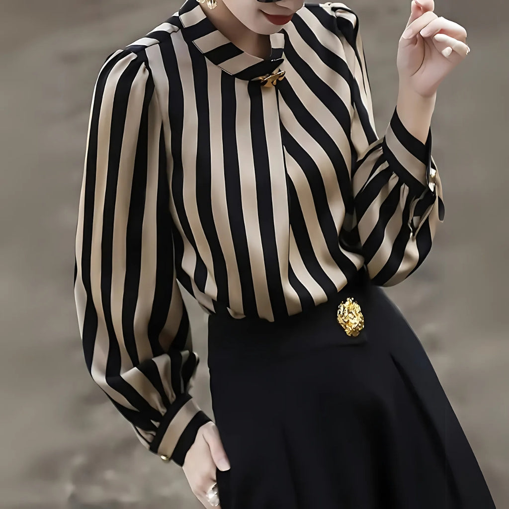 Black beige striped blouse front view
