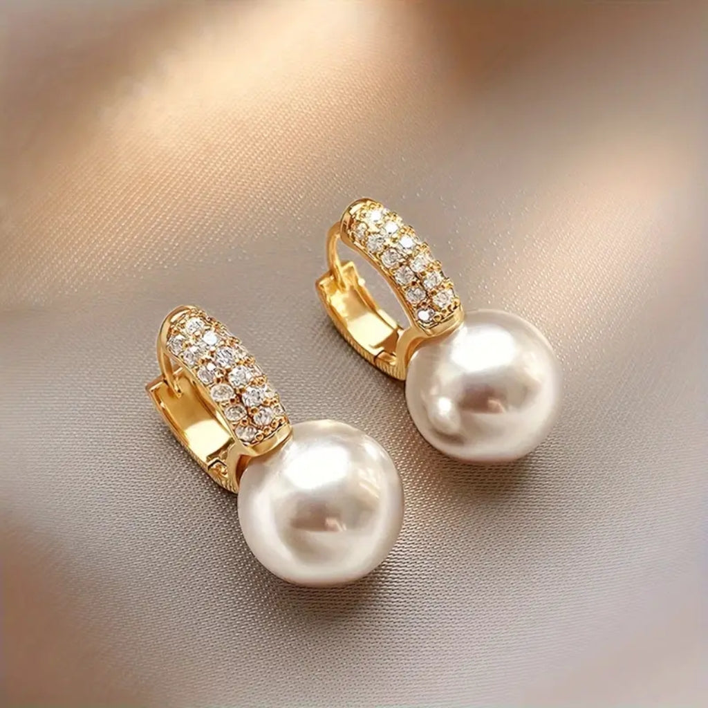 gold pearl drop earrings with zirconia for women