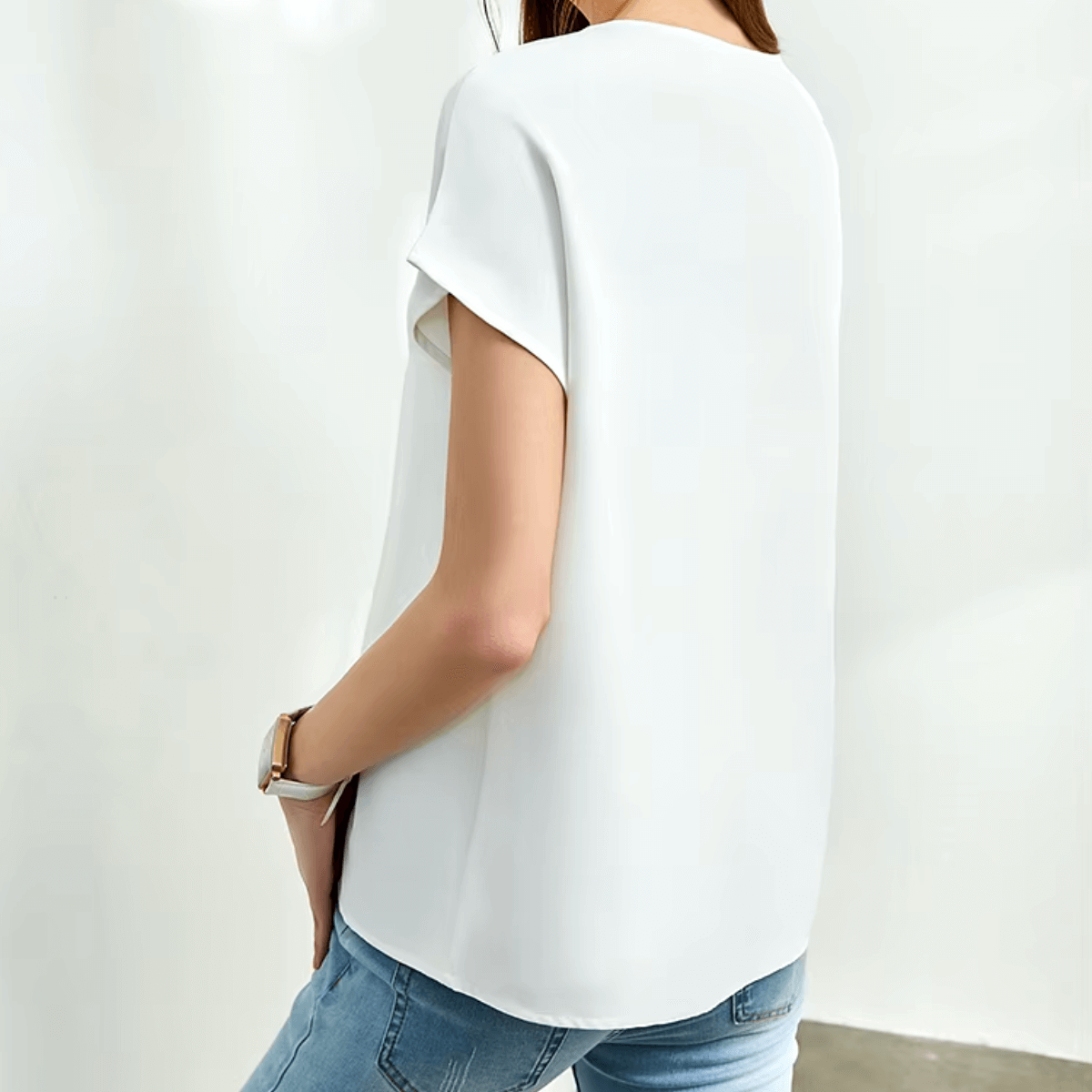 Black loose V-neck women blouse front view