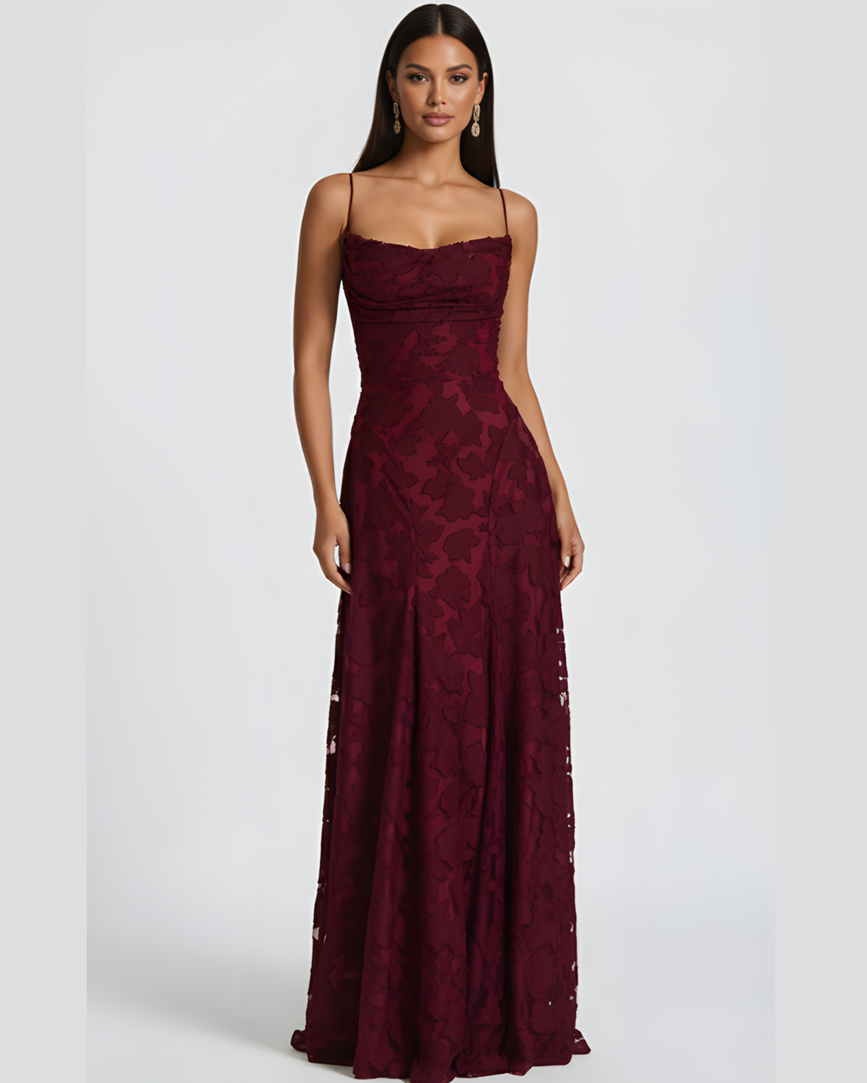 Burgundy lace evening gown on a white background
