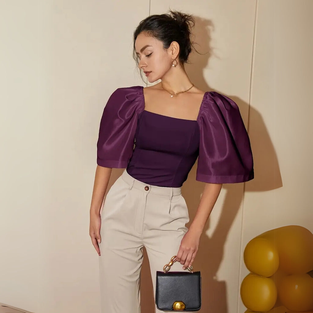 Purple elegant puff sleeve blouse for women