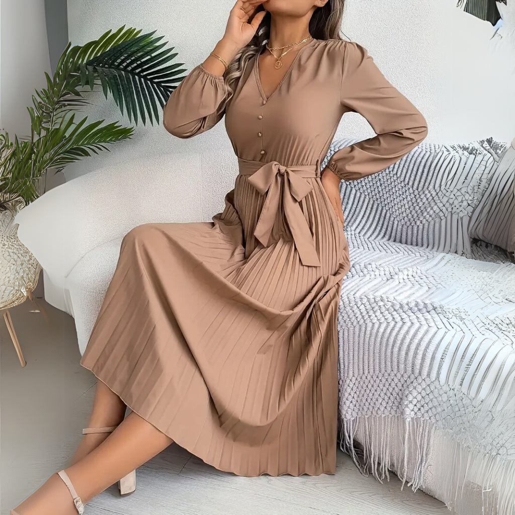 Long sleeve belted midi dress front view