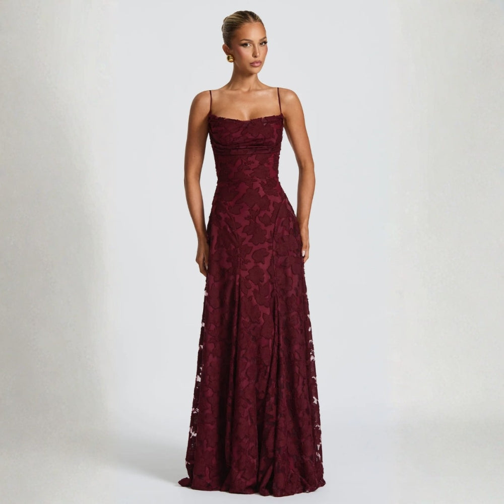 Elegant spaghetti strap lace gown in burgundy colour