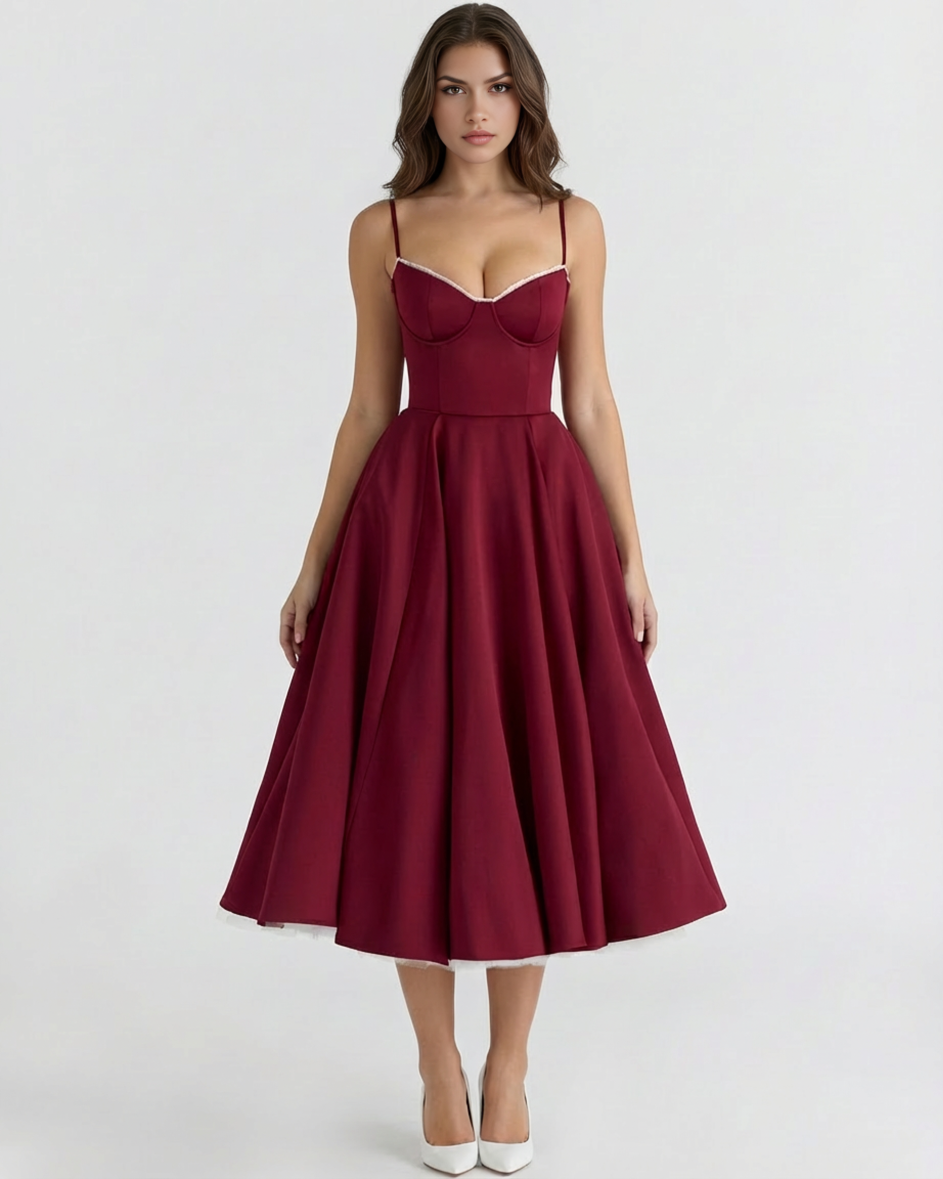 Burgundy dress worn by a model on a white background