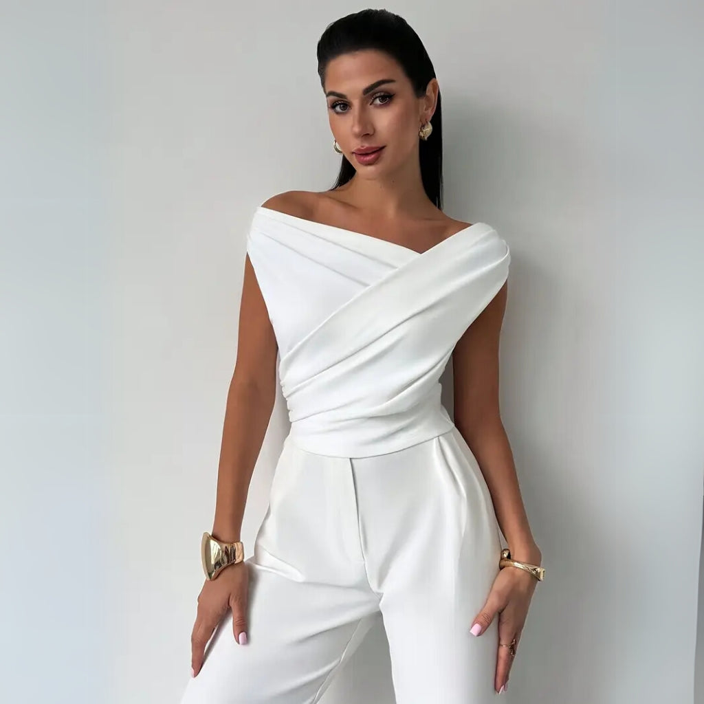 White one shoulder draped blouse