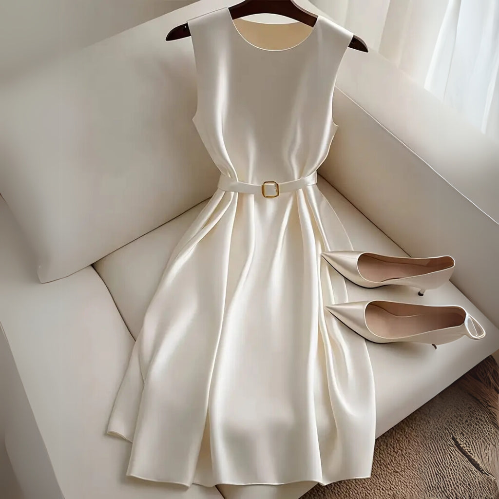 Woman wearing a belted fit and flare mini dress