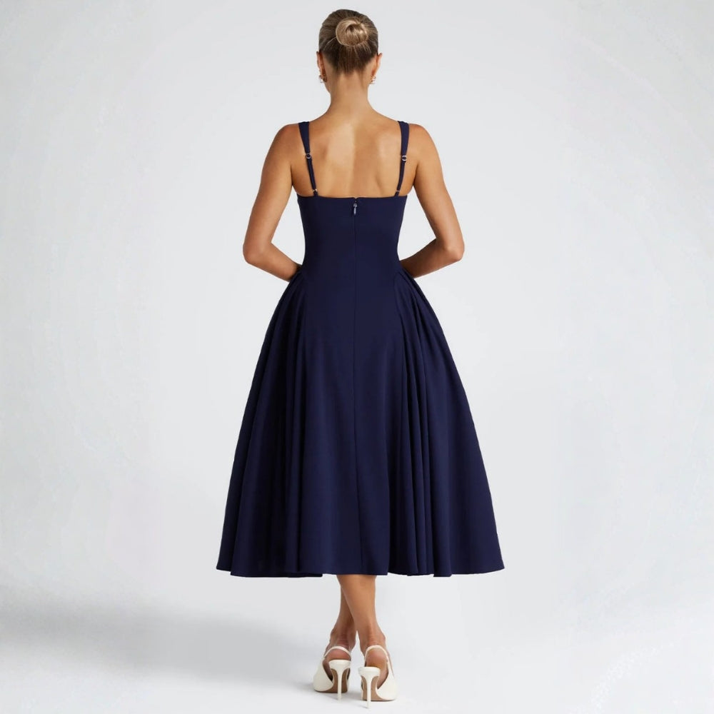 Classic vintage style navy dress with structured silhouette