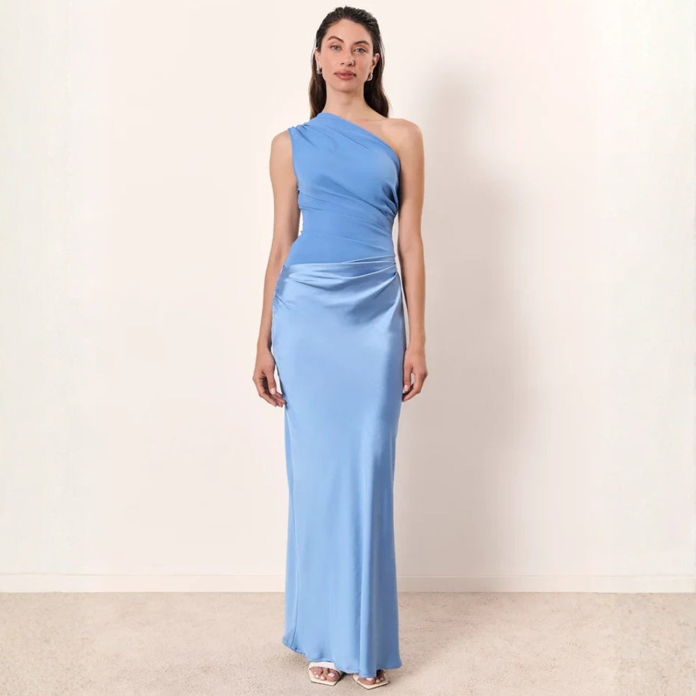 Asymmetric formal gown with draped waist in brown satin