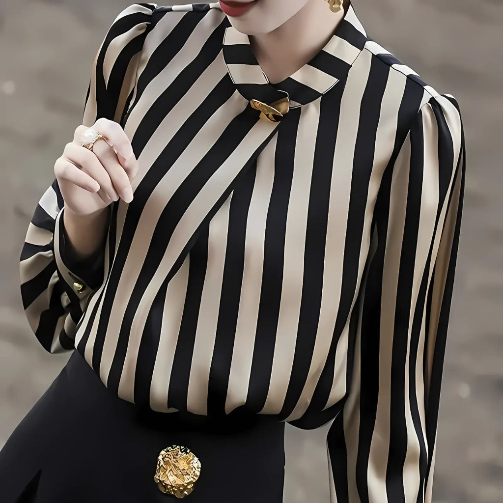Bow collar striped blouse detail