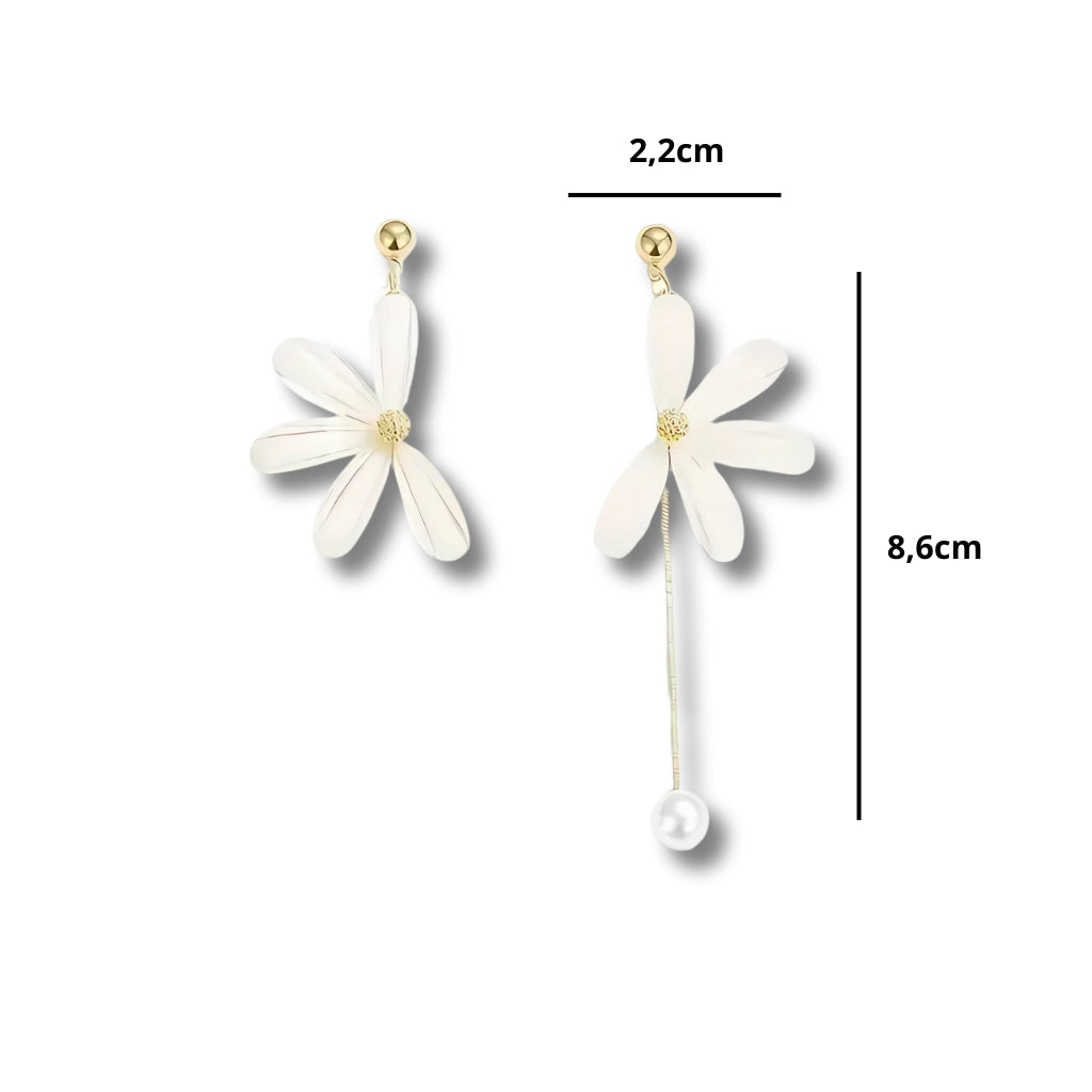 Woman wearing long flower earrings