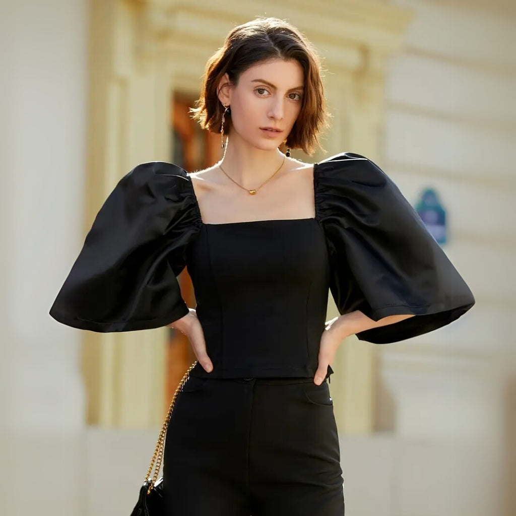 Black square neck blouse with puff sleeves