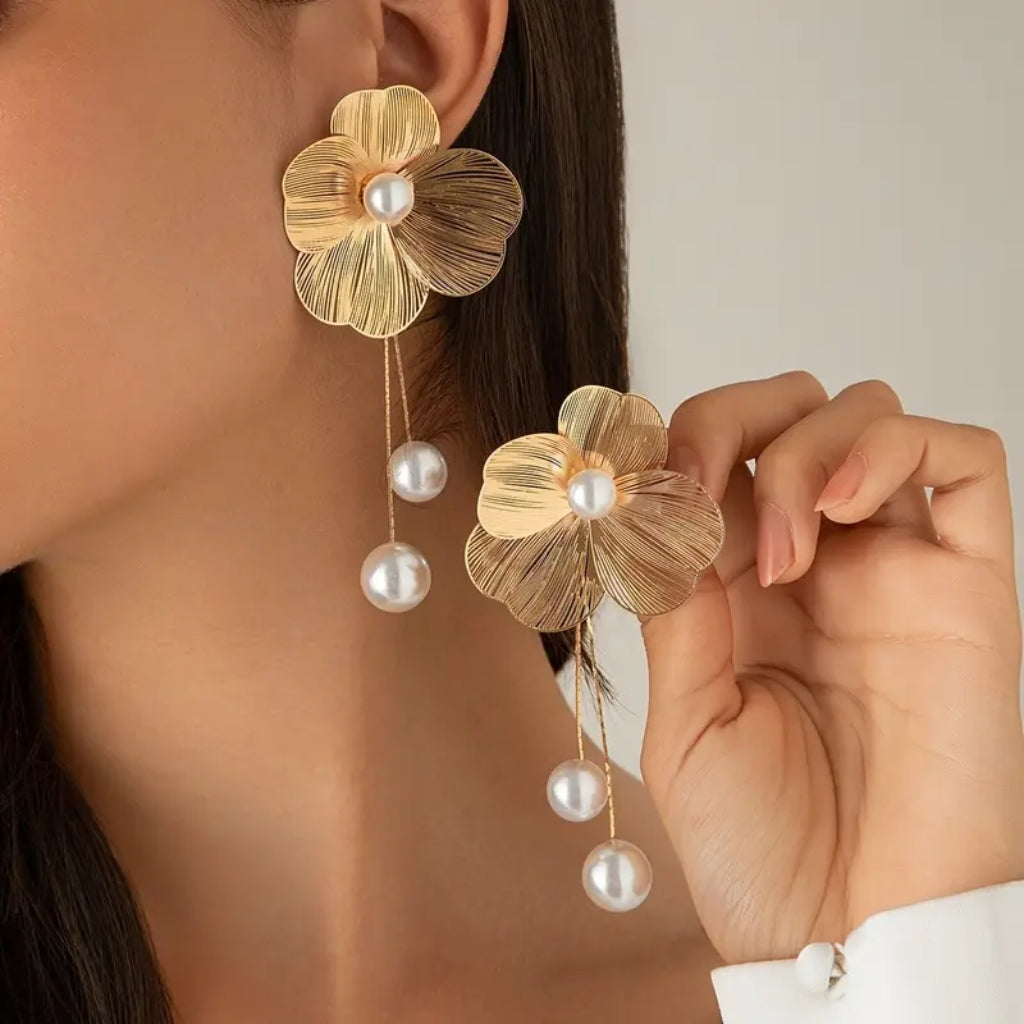 gold flower drop earrings for women statement style