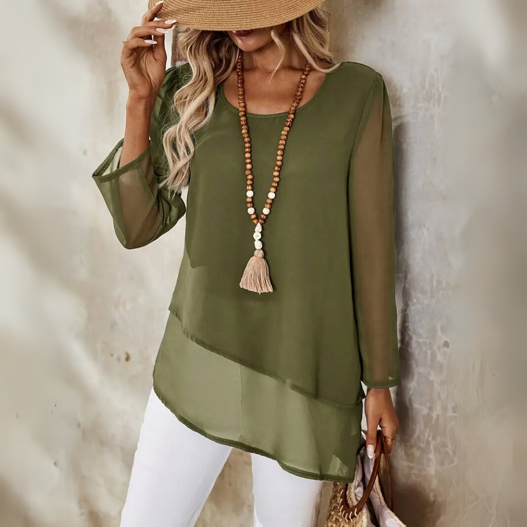 Green layered long blouse for women