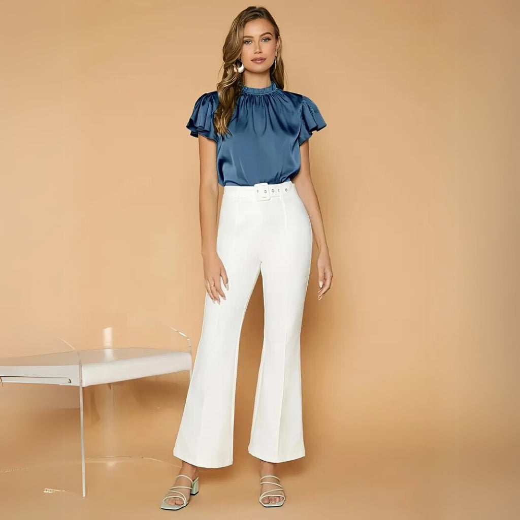 Blue blouse with ruffled high neckline