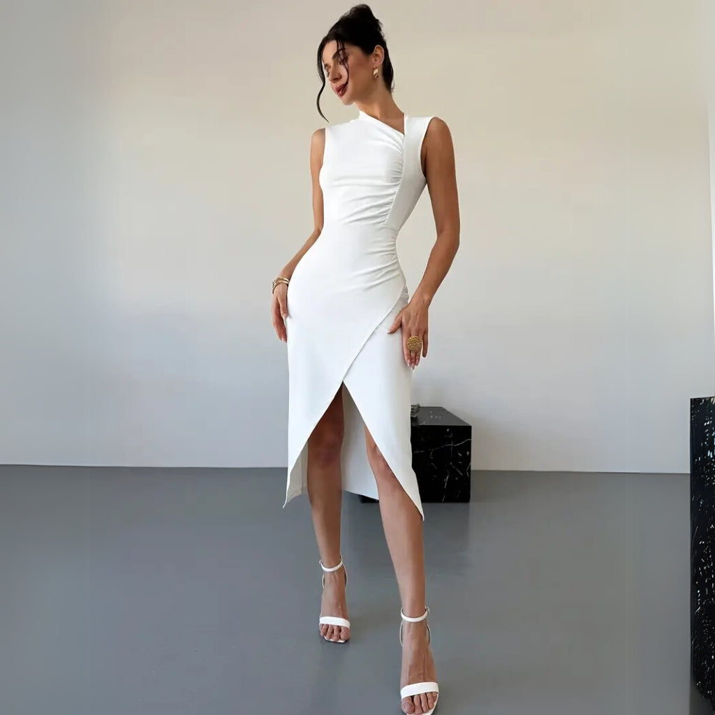 White asymmetric neckline midi dress for formal occasions