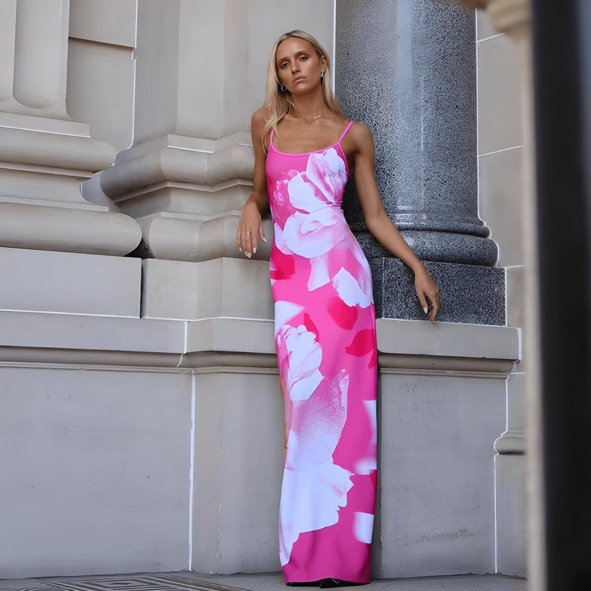 Pink printed maxi dress for women