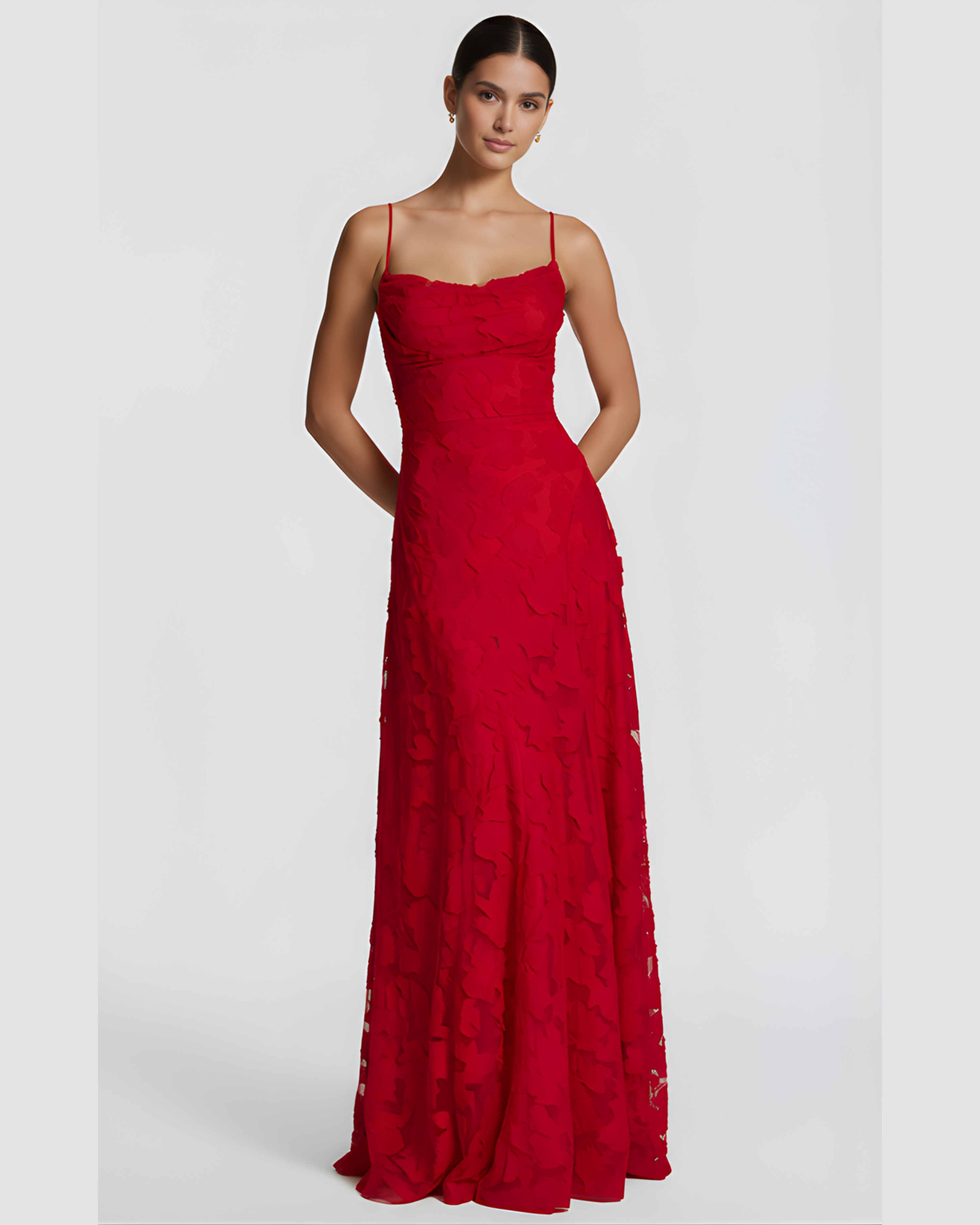 Red evening gown on a white background