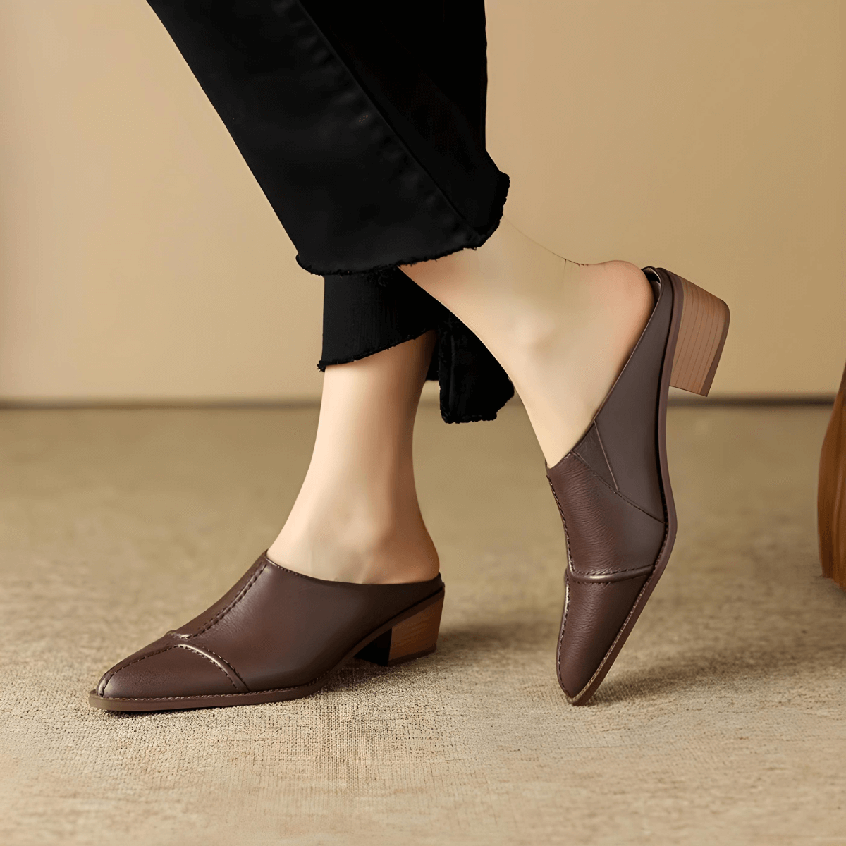 Brown classic low heel mule side view