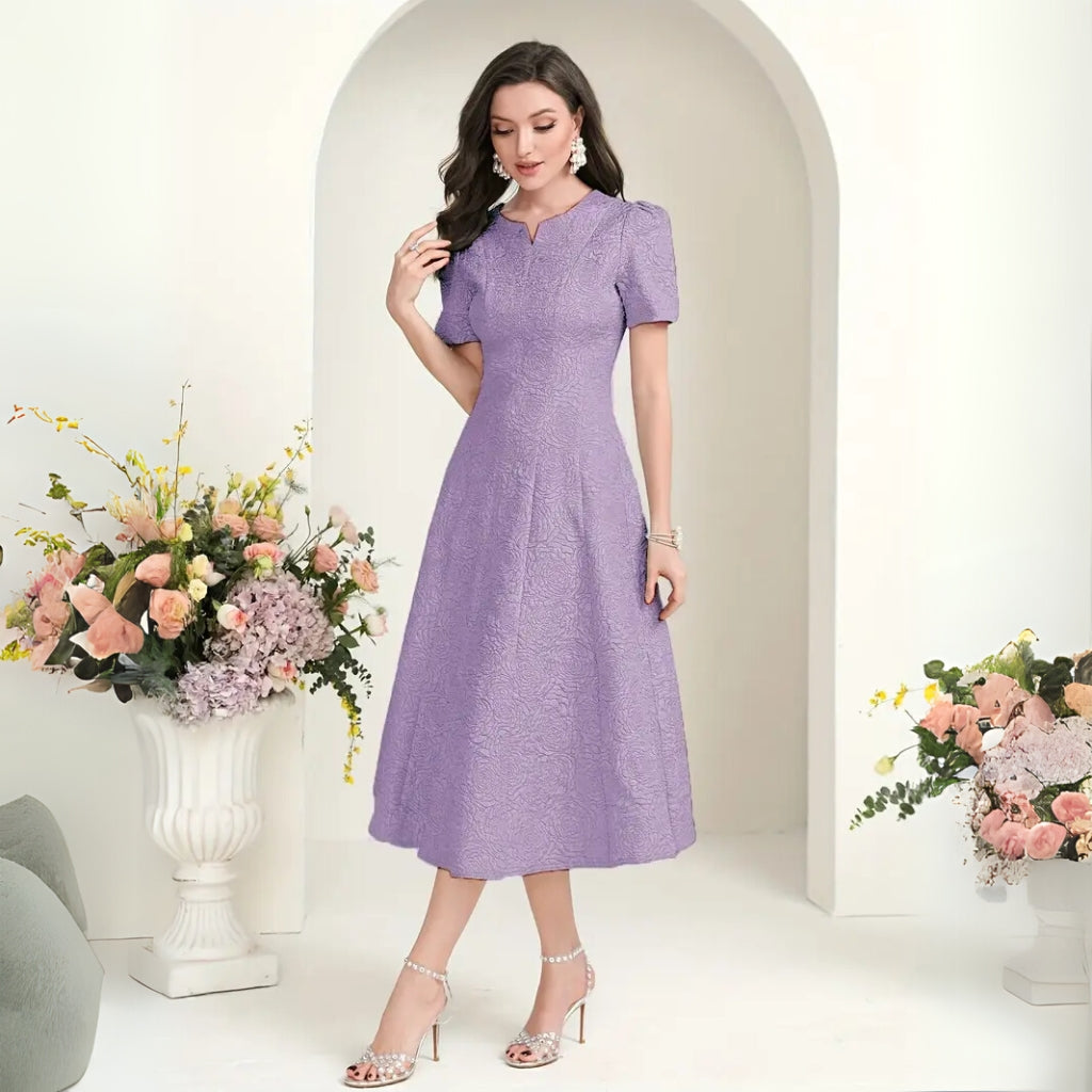 Woman wearing a square neck A-line midi dress