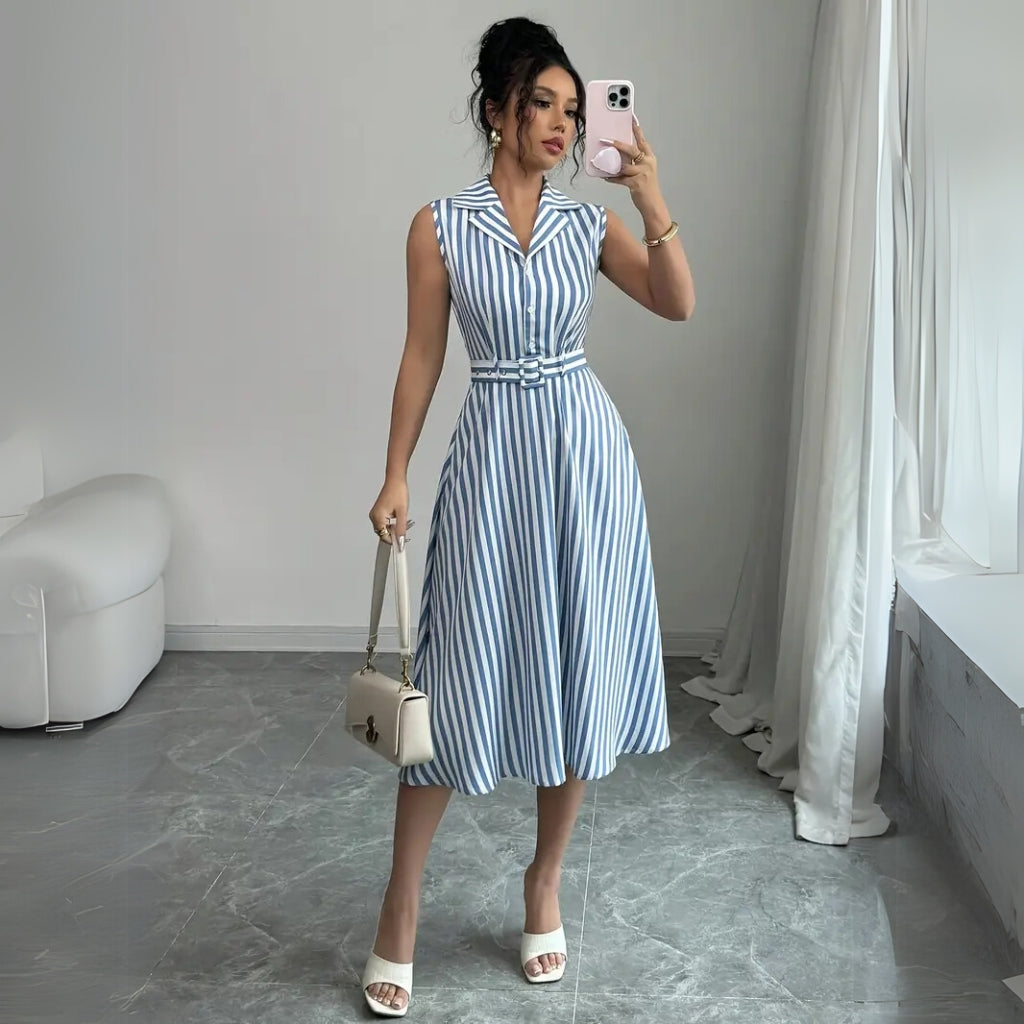 Woman wearing a striped wrap summer midi dress