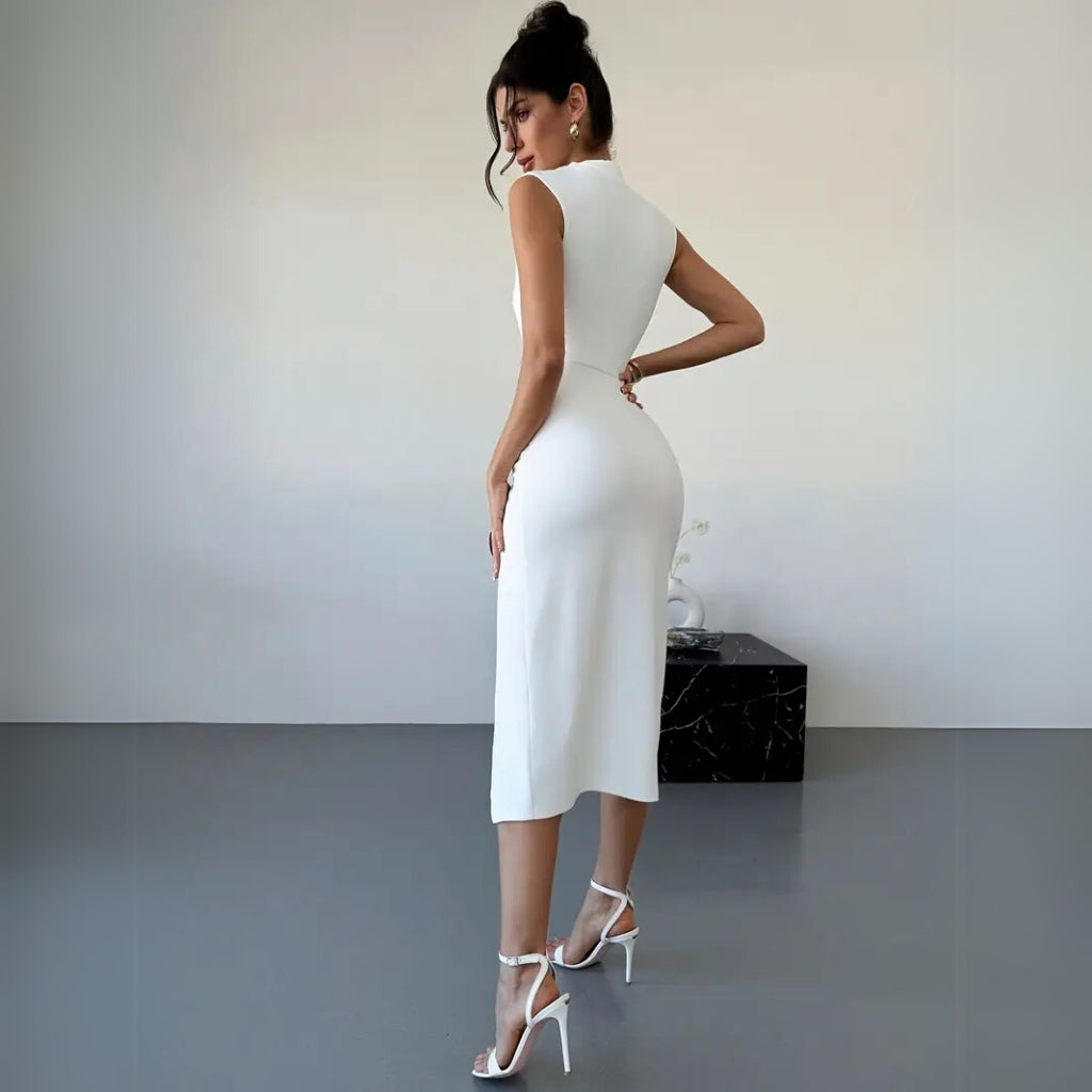 Detail view of asymmetric neckline white dress