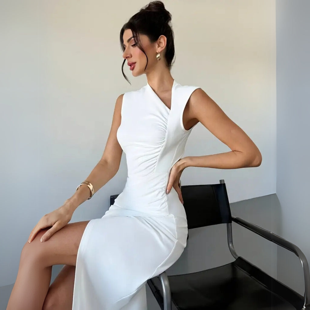 Elegant fitted white one shoulder midi dress