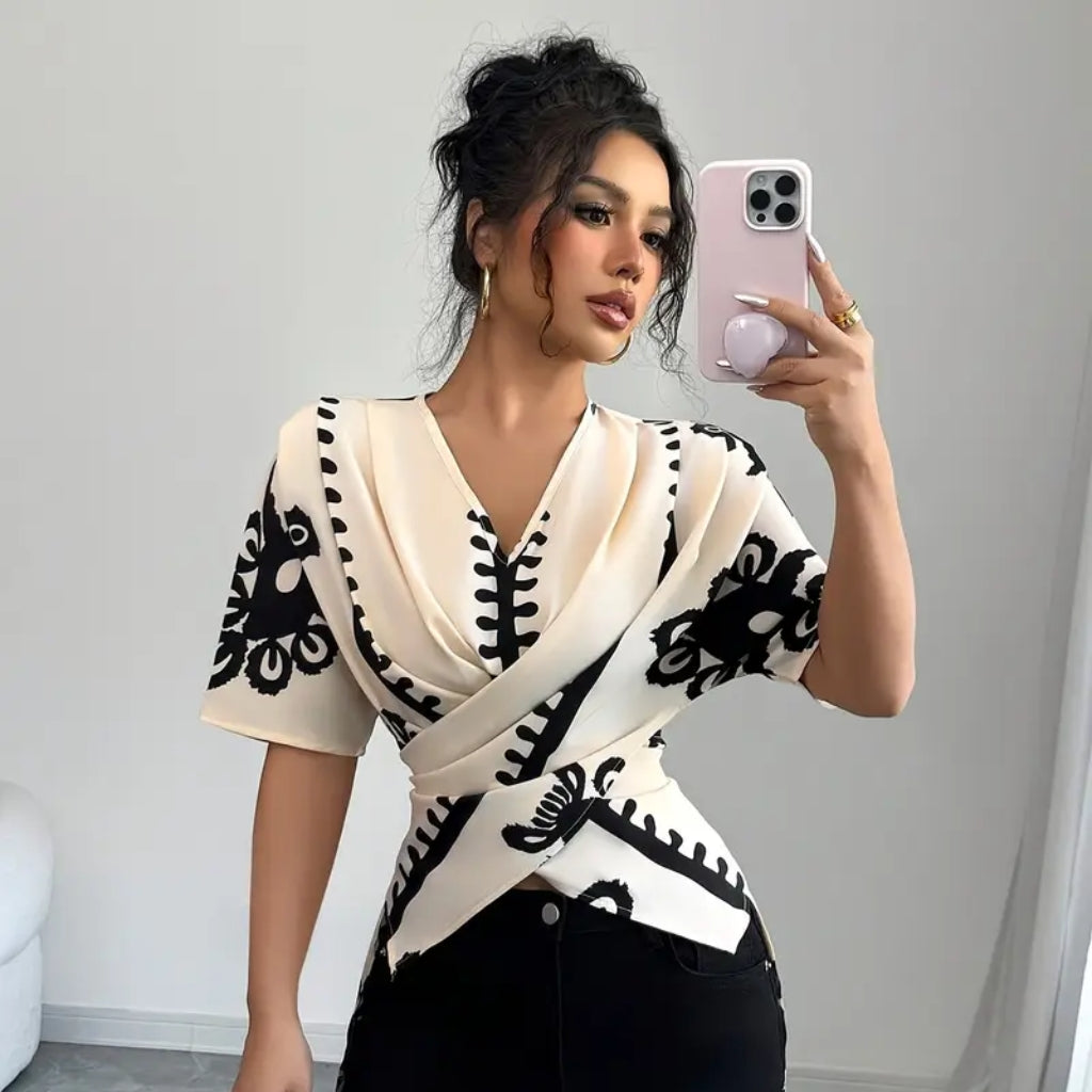 Woman wearing crossover blouse outfit